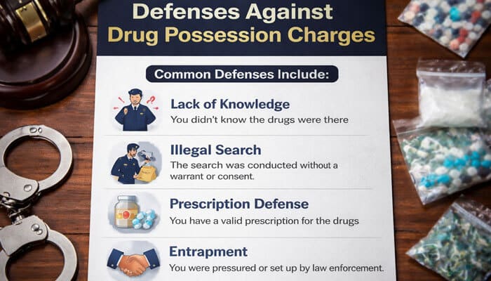 Defenses Against Drug Possession Charges -My Legal Opinion - My Legal Opinion Defenses Against First‑Time Drug Possession Charges in Texas, showcasing common legal defenses such as Lack of Knowledge, Illegal Search, Prescription Defense, and Entrapment. The image features a breakdown of key defenses, with visuals of law enforcement tools, prescription medication, and drugs involved in Texas drug cases.