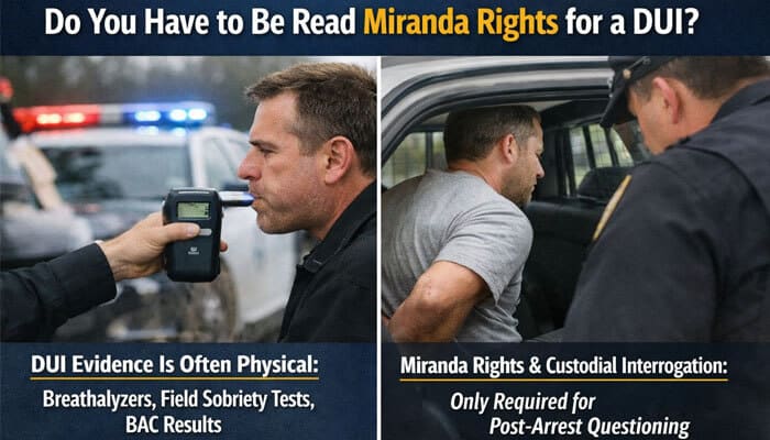 Do You Have to Be Read Miranda Rights for a DUI - My Legal Opinion - My Legal Opinion Can a Case Be Dismissed if Miranda Rights Aren’t Read DUI breathalyzer test and suspect being placed in patrol car illustrating legal question of Miranda warnings and admissible evidence