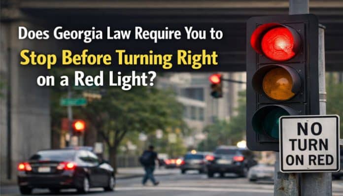 Does Georgia Law Require You to Stop Before Turning Right on a Red Light? Realistic traffic signal image showing a red light, no turn on red sign, and city intersection in Georgia traffic law guide