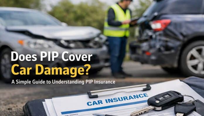 An image showing a car accident with two vehicles, one damaged, and a person in a reflective vest standing nearby. Text: 'Does PIP Cover Car Damage? A Simple Guide to Understanding PIP Insurance.