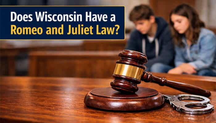 Does Wisconsin Have a Romeo and Juliet Law - My Legal OPinion - My Legal Opinion Does Wisconsin Have a Romeo and Juliet Law? - Image featuring a gavel, handcuffs, and a couple in the background, related to the Age of Consent in Wisconsin.