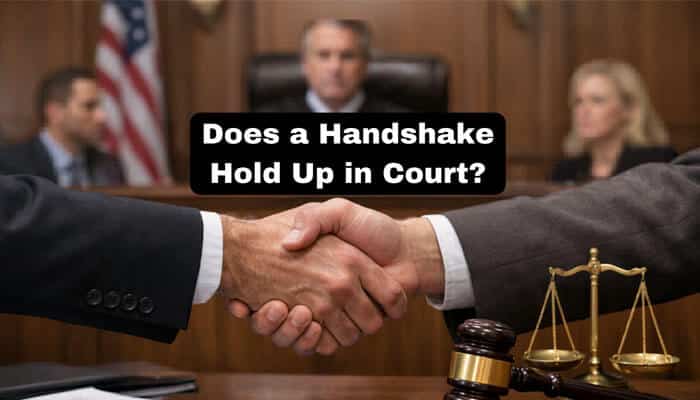 Does a Handshake Hold Up in Court - My Legal Opinion - My Legal Opinion Is a Handshake Legally Binding Does a Handshake Hold Up in Court? – Professionals shaking hands in a courtroom setting with a judge and legal scales, symbolizing the debate on whether handshake agreements are enforceable in court under contract law.