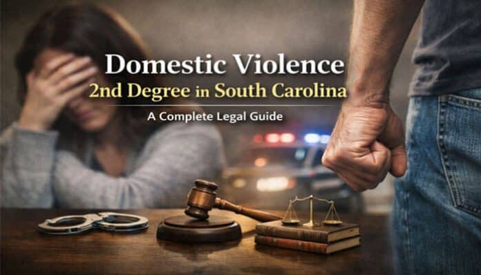 Domestic violence 2nd degree in South Carolina with a gavel, police lights, and handcuffs in the background, depicting a legal guide on the consequences and implications of domestic violence charges.
