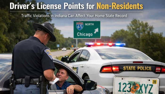 Drivers License Points for Non-Residents - My Legal Opinion - My Legal Opinion Indiana state police pulling over out‑of‑state driver with text about driver’s license points for non‑residents and how many points to suspend license in Indiana, highlighting that traffic violations in Indiana can affect home state records.