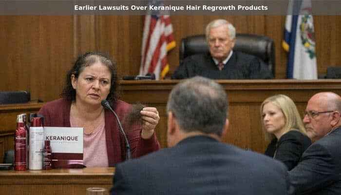Earlier Lawsuits Over Keranique Hair Regrowth Products - My Legal Opinion - My Legal Opinion “Keranique Lawsuit courtroom testimony with plaintiff holding Keranique hair regrowth products, judge and attorneys in session highlighting earlier lawsuits over alleged false hair regrowth claims.