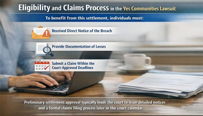 Eligibility and Claims Process in the Yes Communities Lawsuit - My Legal Opinion - My Legal Opinion Eligibility and Claims Process in the Yes Communities Lawsuit: A person working on a laptop surrounded by documents, highlighting the steps required to benefit from the Yes Communities lawsuit settlement. To qualify, individuals must have received direct notice of the breach, provide documentation of losses, and submit a claim within the court-approved deadlines. The image emphasizes the process to participate in the settlement and the legal proceedings involved.