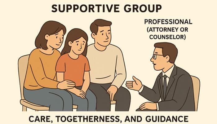 Engage a Qualified Wrongful Death Attorney Promptly - My Legal Opinion - My Legal Opinion Illustration of a supportive group consisting of a family with an attorney or counselor, discussing care, togetherness, and guidance in the context of wrongful death claims.