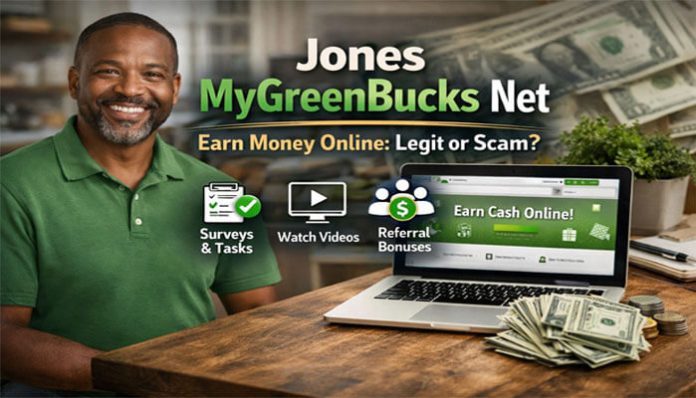 Jones MyGreenBucks Net: Earn Money Online through surveys, watching videos, and referral bonuses. Is it legit or a scam? Featured with a person, laptop, and cash.