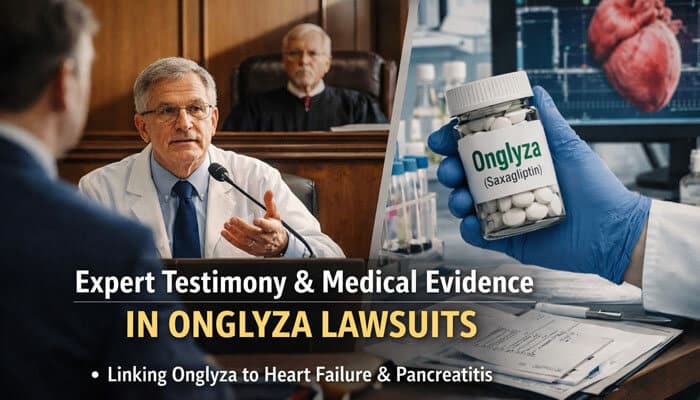 Expert Testimony and Medical Evidence in Onglyza Lawsuits - MY Legal Opinion - My Legal Opinion Onglyza Lawsuit image showing expert medical testimony in courtroom, saxagliptin drug bottle, and clinical evidence linking Onglyza to heart failure, pancreatitis, and pharmaceutical liability claims