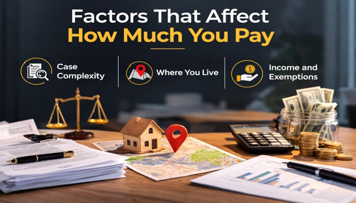 Factors That Affect How Much You Pay - My Legal Opinion - My Legal Opinion Factors That Affect How Much You Pay. A graphic representation of Case Complexity, Location, Income, and Exemptions, explaining how these factors influence the cost of filing bankruptcy Chapter 7.