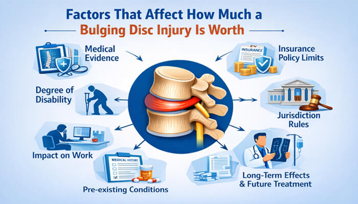 Factors That Affect How Much a Bulging Disc Injury Is Worth - my legal opinion - My Legal Opinion Factors that affect how much a bulging disc injury is worth, visualizing key elements like medical evidence, insurance policy limits, and degree of disability to determine settlement value.