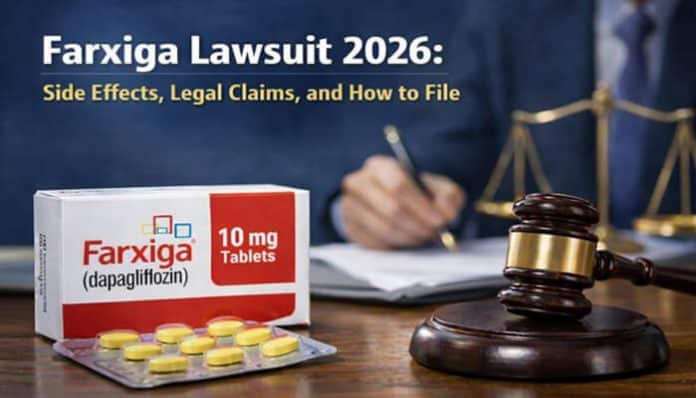 Farxiga Lawsuit: Prescription bottle of Farxiga tablets, a legal gavel, and paperwork showcasing side effects and legal claims involved in the 2026 lawsuit.