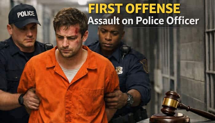 First Offense Assault on Police Officer - My Legal Opinion - My Legal Opinion What Is the Minimum Sentence for Assaulting a Police Officer? This image shows a man in an orange jumpsuit being escorted by two police officers, illustrating a first offense of assaulting a police officer, with a focus on the legal consequences and penalties.