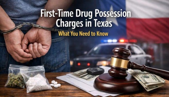 First‑Time Drug Possession Charges in Texas concept image showing a person in handcuffs, Texas law enforcement patrol car, courtroom gavel, cash, and seized drugs representing legal consequences and penalties.