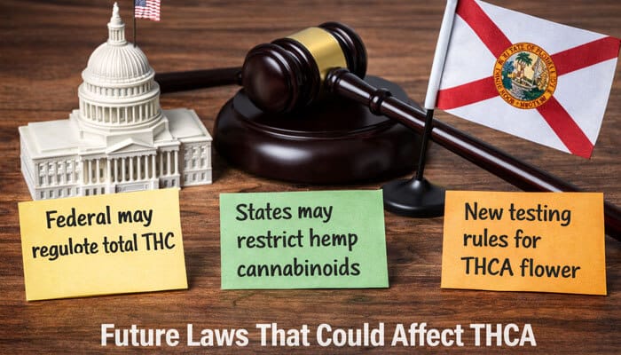 Future Laws That Could Affect THCA - My Legal Opinion - My Legal Opinion An image depicting potential future laws affecting THCA, including federal regulation of total THC, state restrictions on hemp cannabinoids, and new testing rules for THCA flower.