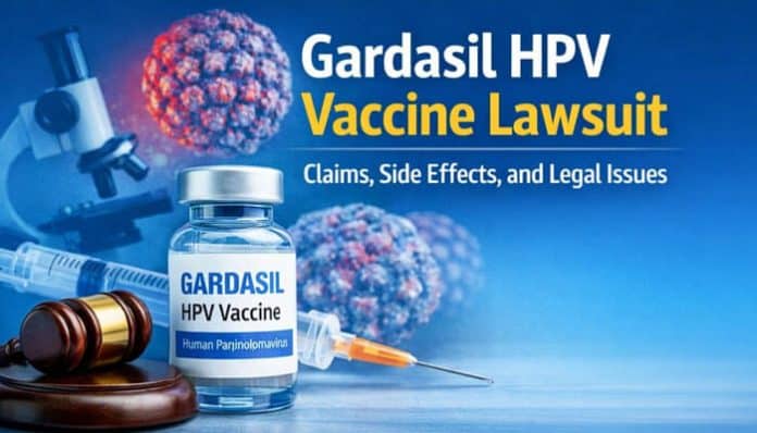 Gardasil HPV Vaccine Lawsuit: Claims, Side Effects, and Legal Issues with Gardasil vaccine vial, syringe, virus illustration, and judge's gavel.