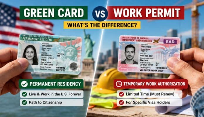 Green Card vs Work Permit: Understand the key differences between permanent residency through a green card and temporary work authorization through an EAD. Learn about eligibility, benefits, and limitations.