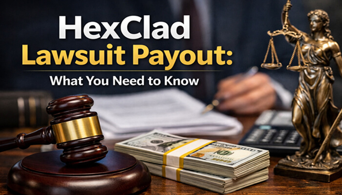 Hexclad Lawsuit Payout: What You Need to Know - mylegalopinion - My Legal Opinion Hexclad Lawsuit Payout: What You Need to Know with gavel, scales of justice, and stacks of money.