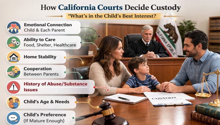 How California Courts Decide Custody - My Legal Opinion - My Legal Opinion Infographic showing how California courts decide custody with parents and child in family court, highlighting factors that affect the chances of father getting 50/50 custody in California.