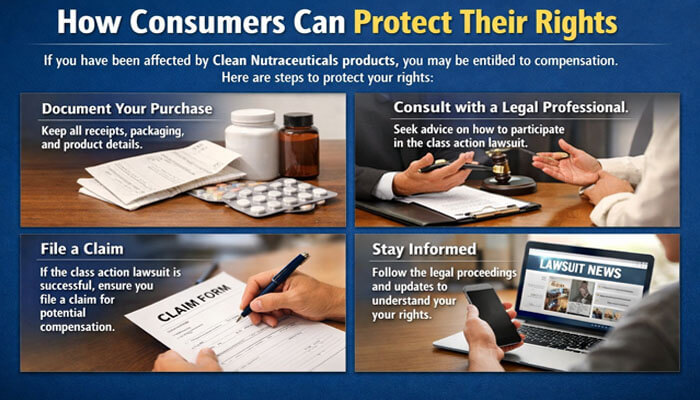 How Consumers Can Protect Their Rights - My Legal OPinion - My Legal Opinion How Consumers Can Protect Their Rights in the Clean Nutraceuticals Lawsuit – Image showing steps for consumers affected by Clean Nutraceuticals products to protect their rights, including documenting purchases, consulting with legal professionals, filing claims, and staying informed about legal proceedings.