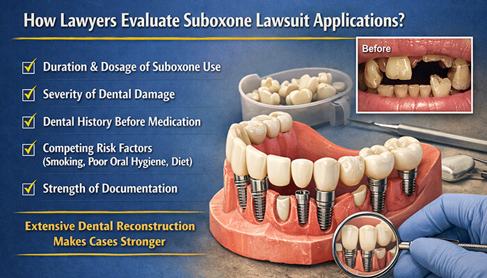 How Do Lawyers Evaluate Suboxone Lawsuit Applications - My Legal Opinion - My Legal Opinion Infographic showing how lawyers evaluate Suboxone lawsuit applications, with criteria like dosage, dental damage, and documentation strength, alongside a dental reconstruction model.