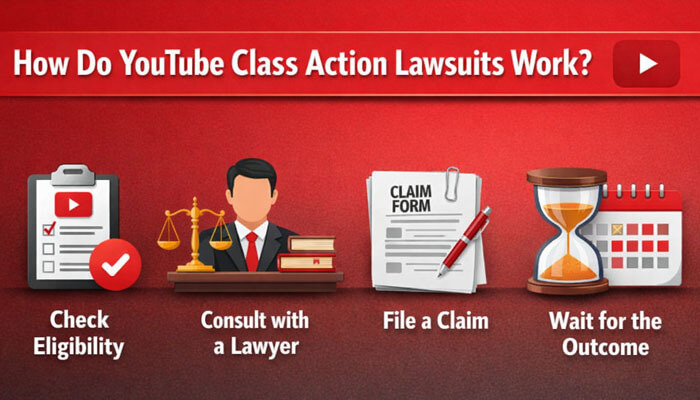 How Do YouTube Class Action Lawsuits Work - My Legal Opinion - My Legal Opinion How Do YouTube Class Action Lawsuit Work? A step-by-step infographic showing the process: Check Eligibility, Consult with a Lawyer, File a Claim, Wait for the Outcome.