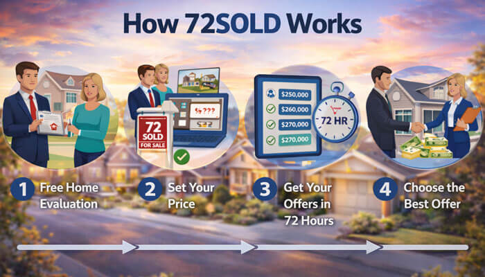 How Does 72SOLD Work - My Legal Opinion - My Legal Opinion How 72SOLD works: 1. Free home evaluation, 2. Set your price, 3. Get offers in 72 hours, 4. Choose the best offer. A fast and hassle-free home selling process.