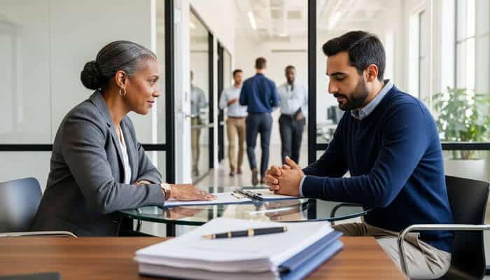 A lawyer and client discussing life insurance claims at a table in a professional office. A crucial consultation for navigating the complexities of life insurance.