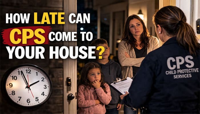 How Late Can CPS Come to Your House - My Legal Opinion - My Legal Opinion Image showing a CPS worker at the door of a family home, with the headline How Late Can CPS Come to Your House? highlighting the legal considerations of CPS visits in Texas. The image ties into the broader topic of What Cps Can And Cannot Do In Texas.