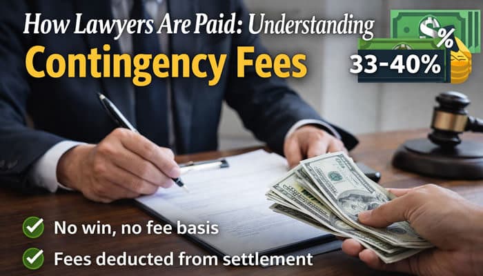 How Lawyers Are Paid Understanding Contingency Fees - My Legal Opinion - My Legal Opinion A lawyer explains the contingency fee structure to a client, showing a stack of money and a 33-40% fee rate, while discussing the 'no win, no fee' basis for car accident claims.