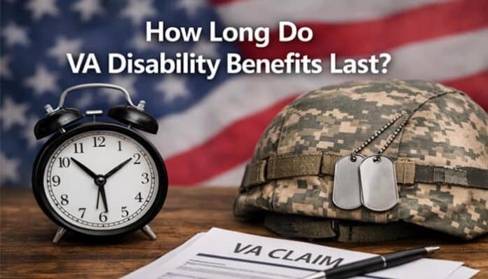 How Long Do VA Disability Benefits Last? Image featuring a military helmet, dog tags, an alarm clock, and a VA claim form against a blurred American flag background.