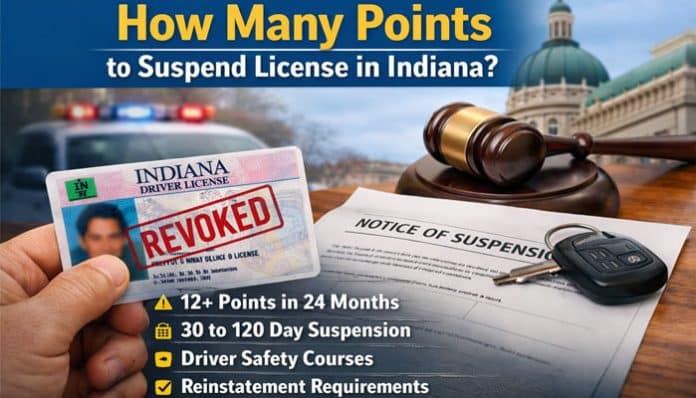 How Many Points to Suspend License in Indiana infographic showing an Indiana driver’s license marked revoked, a notice of suspension document, and text highlighting 12+ points in 24 months leading to license suspension and reinstatement requirements.