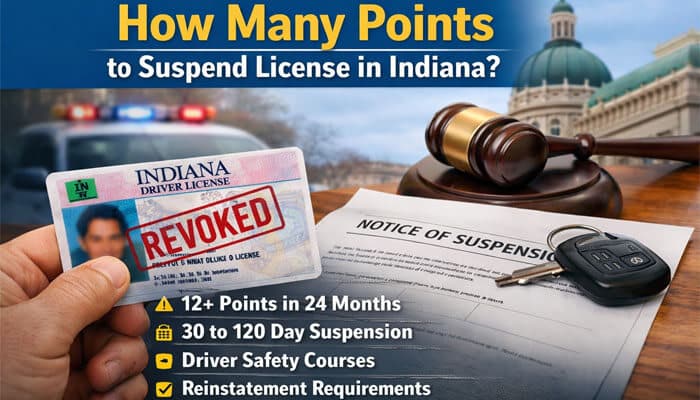 How Many Points to Suspend License in Indiana infographic showing an Indiana driver’s license marked revoked, a notice of suspension document, and text highlighting 12+ points in 24 months leading to license suspension and reinstatement requirements.
