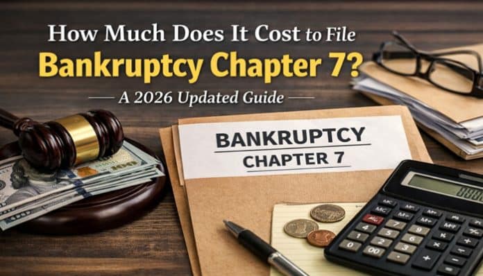How Much Does It Cost to File Bankruptcy Chapter 7? A 2026 Updated Guide. Image showcasing Bankruptcy Chapter 7 documents, gavel, calculator, and money, highlighting the cost of filing bankruptcy in 2026.