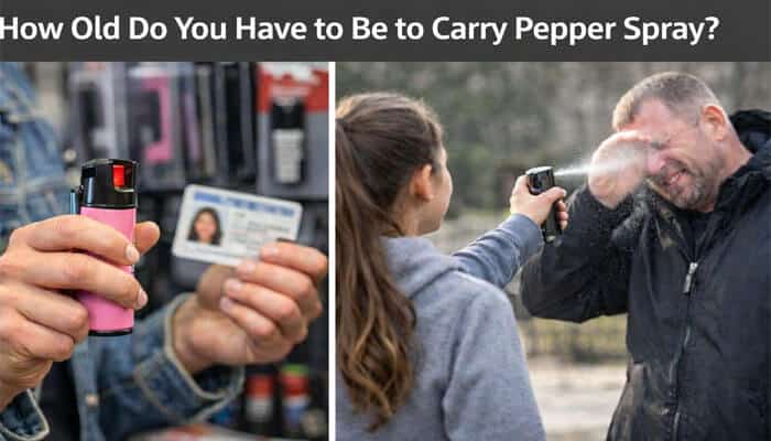 How Old Do You Have to Be to Carry Pepper Spray - My Legal Opinion - My Legal Opinion Image showing a person holding a pink pepper spray canister with an ID card in one hand and another image of a woman using pepper spray for self-defense on a man. The image answers the question: 'Is Pepper Spray Legal in MD?' highlighting age requirements and usage.