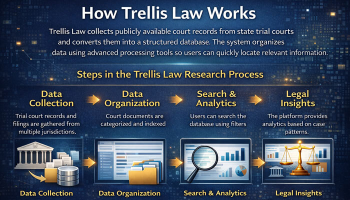 How Trellis Law Works - My Legal Opinion - My Legal Opinion The steps in Trellis Law research process, including Data Collection, Data Organization, Search & Analytics, and Legal Insights with relevant icons.