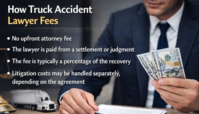 How Truck Accident Lawyer Fees Usually Work - My Legal Opinion - My Legal Opinion How truck accident lawyer fees work, showing a lawyer holding cash, with information about no upfront fees and attorney fees based on settlement or judgment recovery.