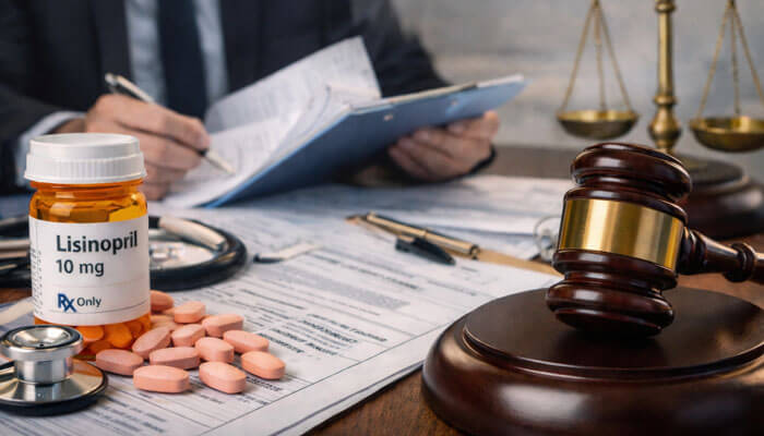 How a Lisinopril Lawsuit Works - My Legal Opinion - My Legal Opinion Lisinopril lawsuit legal process concept showing prescription medication bottle, pills, medical records, and courtroom gavel related to drug injury claims
