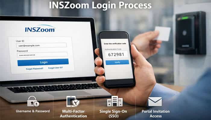 How inszoom com login usually works - My Legal Opinion - My Legal Opinion inszoom.com login process shown on a laptop and mobile device with multi-factor authentication, secure username and password access, single sign-on, and portal invitation tools for immigration case management.