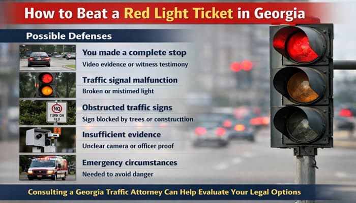 How to Beat a Red Light Ticket in Georgia - My Legal Opinion - My Legal Opinion Infographic titled “How to Beat a Red Light Ticket in Georgia” showing a red traffic signal and common legal defenses, including complete stop evidence, traffic signal malfunction, obstructed signs, insufficient proof, and emergency circumstances, related to the question: Does Georgia Law Require You to Stop Before Turning Right on a Red Light?