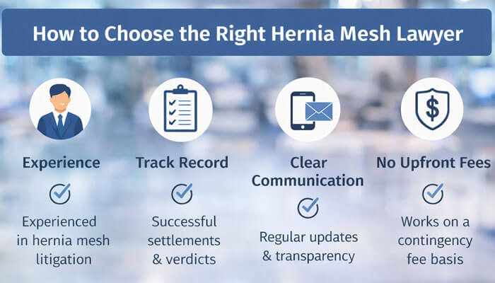 How to Choose the Right Hernia Mesh Lawyer - My Legal Opinion - My Legal Opinion How to choose the right Hernia Mesh Lawyer showing experience, successful track record, clear communication, and no upfront legal fees.