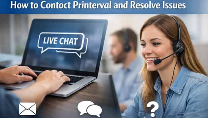 How to Contact Printerval and Resolve Issues - My Legal Opinion - My Legal Opinion Is Printerval Legit? customer support contact image showing live chat, email, and help desk icons with a headset operator, illustrating how to contact Printerval for order issues, returns, or legitimacy concerns.