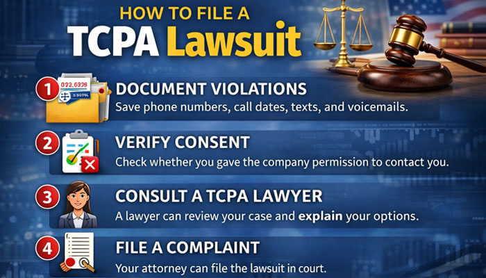 How to File a TCPA Lawsuit - My Legal Opinion - My Legal Opinion Infographic showing the steps to file a TCPA lawsuit: document violations, verify consent, consult a TCPA lawyer, and file a complaint, with icons for each step.