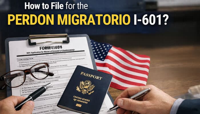 How to File for the Perdon Migratorio I-601 - My Legal Opinion - My Legal Opinion Perdon Migratorio I-601: A comprehensive guide on how to file for a waiver of inadmissibility with USCIS, featuring a close-up of the I-601 form, passport, American flag, and a pen in hand. This form is vital for applicants seeking to waive grounds of inadmissibility to the U.S., ensuring legal compliance and a successful immigration process.