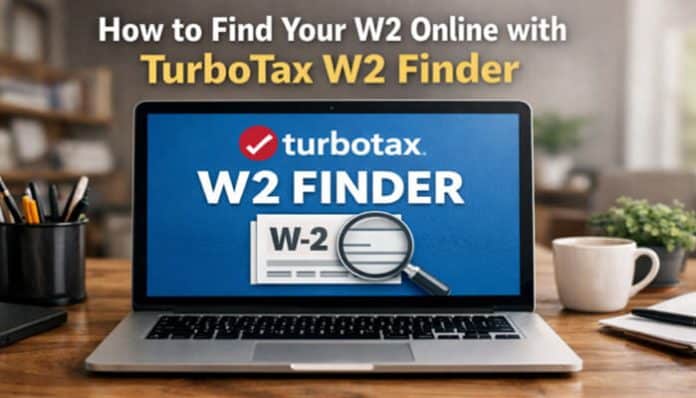 TurboTax W2 Finder tool displayed on a laptop, helping users easily locate their W-2 forms online for tax filing.