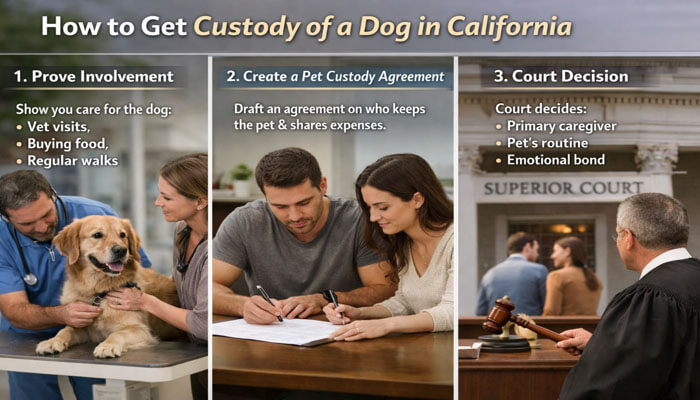 How to Get Custody of a Dog in California - My Legal Opinion - My Legal Opinion Step-by-step guide on how to get custody of a dog in California, including proving involvement, creating a pet custody agreement, and court decisions on primary caregiver, pet's routine, and emotional bond. Focuses on 'pet custody agreement california.
