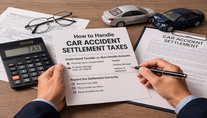 How to Handle Car Accident Settlement Taxes - My Legal Opinion - My Legal Opinion “Image showing a paper titled ‘How to Handle Car Accident Settlement Taxes’ with the focus keyword Are Car Accident Settlements Taxable, a calculator, and toy cars, explaining car accident settlement taxes.”
