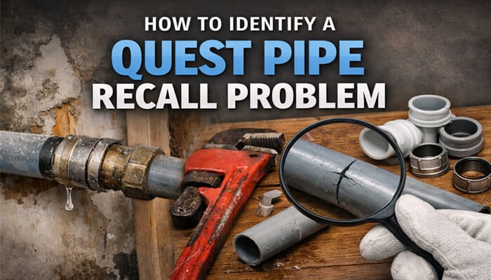 How to Identify a Quest Pipe Recall Problem - My Legal Opinion - My Legal Opinion Quest Pipe Recall image showing how to identify failing polybutylene plumbing, with a cracked gray pipe, leaking fitting, wall moisture damage, inspection tools, and replacement parts linked to common Quest Pipe Recall warning signs.