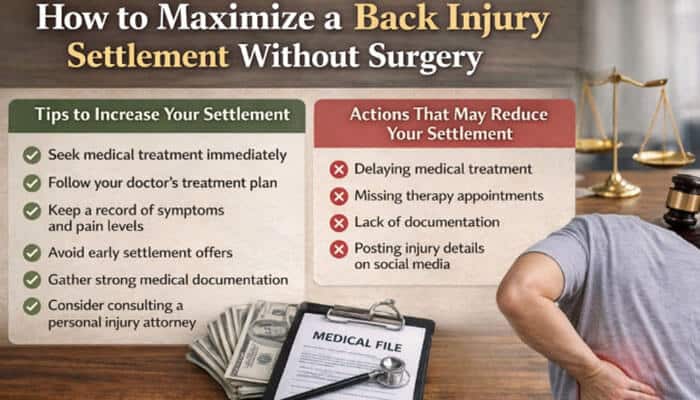 How to Maximize a Back Injury Settlement Without Surgery - My Legal Opinion - My Legal Opinion An infographic with tips to increase a back injury settlement without surgery and actions that may reduce it, including medical treatment, documentation, and avoiding early settlement offers.