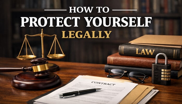 How to Protect Yourself Legally - My Legal Opinion - My Legal Opinion Legal-themed image featuring a gavel, scales of justice, law books, a contract, glasses, and a combination lock on a desk, symbolizing legal preparation, premises liability, and homeowner protection in cases involving Who Is Responsible if Someone Gets Hurt on Your Property after an accident, injury claim, or negligence dispute.
